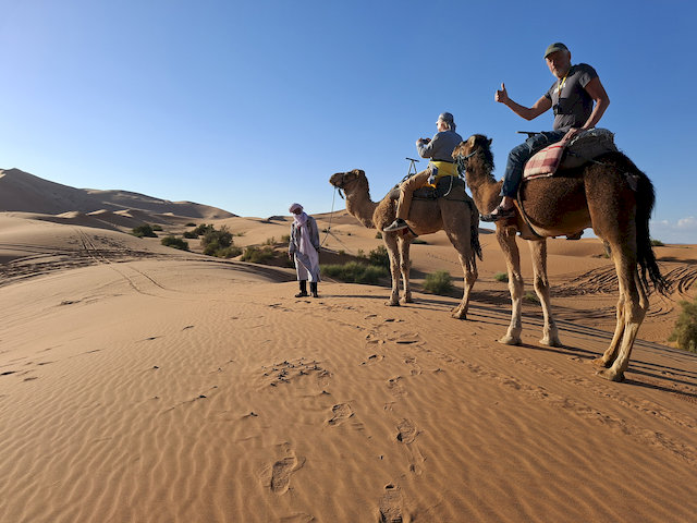 Langsam schaukeln wir auf den Tieren durch den weichen Sand, während die Sonne tiefer sinkt und die Dünen in warmes Licht taucht.